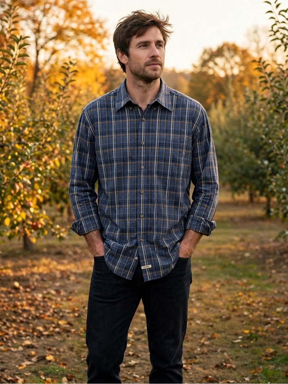 Nautica Button Down Shirt Mens L Navy Brown Plaid Heather Poplin Cotton Fall